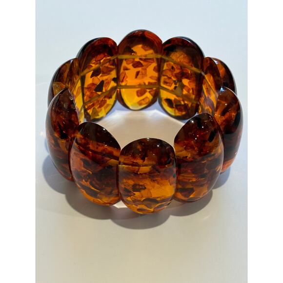 Vintage Faux Amber Stretchy Statement Bracelet Lucite - Picture 2 of 3